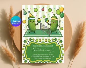 ピックルボールの誕生日招待状、ビッグディルパーティーの招待状、子供向けスポーツ、ピックルテーマ、編集可能なテンプレート、デジタル