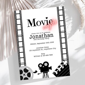 Plantilla de tarjeta de invitación para fiesta de cumpleaños con temática de noche de película / Invitación a fiesta de películas / Invitación de cumpleaños / Volante de película / Invitación editable e imprimible