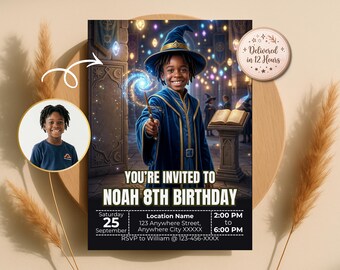 魔法使いの誕生日招待状 – お子様を魔法使いに変身させましょう、魔法の城パーティー招待状、デジタルダウンロード