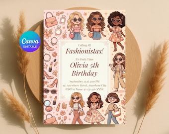 Fashionistas Birthday Invitation, Editable Glamour Party Invite, Stylish Girl, Canva Template, Makeup Spa, Digital