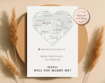 Custom Heart Map Proposal Card, Personalized Location, Will You Marry Me (Digital Download)