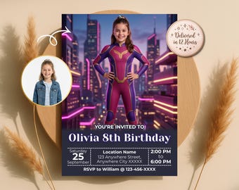 Girl Superhero Birthday Invitation, Turn Your Kid into a Hero, Party for Girls, Digital Download