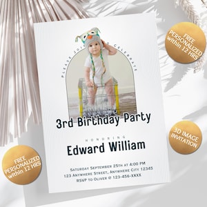 Modelo de cartão de convite de festa de aniversário com foto 3D personalizado Cartão de convite de festa de aniversário com foto personalizado Modelo de convite feito sob encomenda