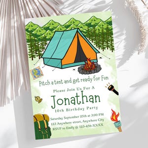 de Carte d'invitation de fête d'anniversaire thème tente de camping | Invitation d'anniversaire | Modèle d'anniversaire | carte d'invitation | de voeux | Modifiable