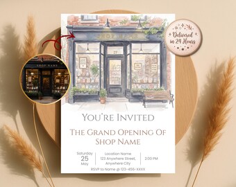 Invitación personalizada para la gran inauguración de una tienda, ilustración comercial en acuarela a partir de una foto, invitación para fiesta de lanzamiento, digital.