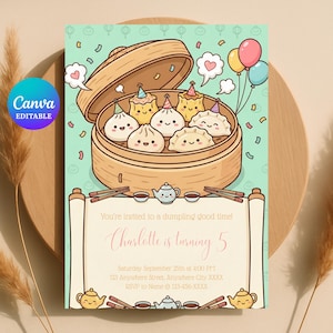 Knoedel verjaardagsuitnodiging, dim sum feestuitnodiging, kawaii voedselthema, bewerkbare sjabloon, afdrukbare digitaal