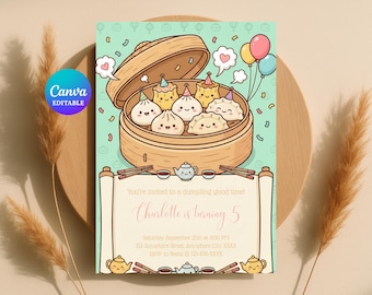 Dumpling Birthday Invitation, Dim Sum Party Invite, Kawaii Food Theme, Editable Template, Printable Digital