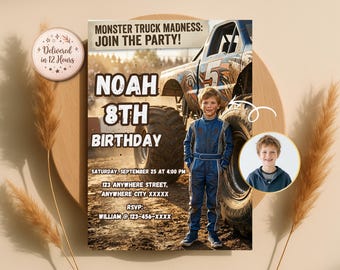 お子様をレーシングカードライバーに変身させる招待状、モンスタートラックの誕生日招待状、デジタルダウンロード