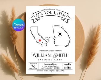 Farewell Invitation, Editable Template, Personalized Map Theme DIY Party Invite Card, Printable, Digital