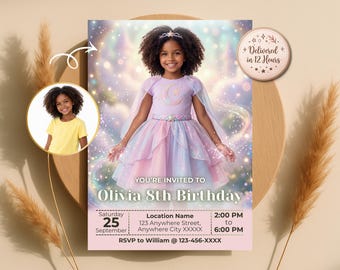 妖精の誕生日招待状、お子様を魔法の妖精に変身させましょう、パステルカラーの招待状、デジタルダウンロード