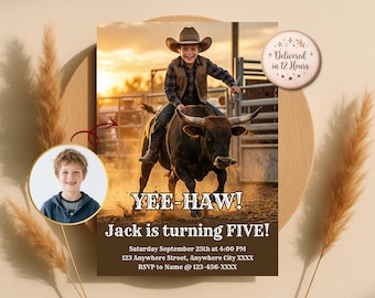 Custom Cowboy Rodeo Birthday Invitation, Bull Riding Theme, Child Photo (Digital Download)