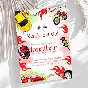 de Carte d'invitation de fête d'anniversaire sur le thème du vélo de voiture de course | de course d'anniversaire | Invitation anniversaire voiture | Invitation modifiable