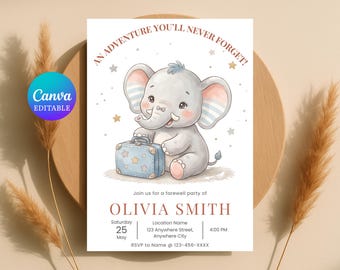 Invitación a fiesta de despedida con temática de elefantes, invitación editable para fiesta de despedida (descarga instantánea)