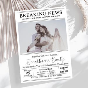 Modelo de cartão de convite para festa de casamento com tema de jornal | Cartão de convite para festa de casamento | Cartão de convite para festa de casamento | Editável para impressão