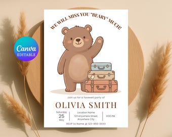 Invitación para fiesta de despedida de oso, invitación de despedida editable, te extrañaremos mucho, digital