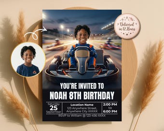 Turn Your Child into Go Kart Racer Invitation, Racing Birthday Invite, Kids Race Party,