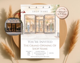 Invitación personalizada para la gran inauguración de una tienda, ilustración comercial en acuarela a partir de una foto, invitación para fiesta de lanzamiento, digital.