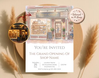 Invitación personalizada para la gran inauguración de una tienda, ilustración comercial en acuarela a partir de una foto, invitación para fiesta de lanzamiento, digital.