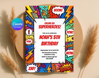 Superhero Comic Birthday Invitation, Editable Retro Comic Book Party, Canva Template, Kids Action, Digital