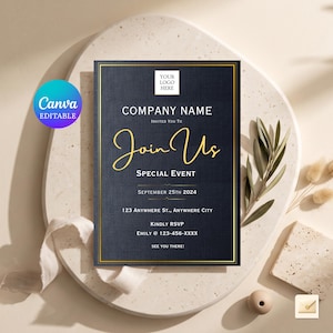 Invitación corporativa para empresas, plantilla editable, tarjeta de invitación para fiestas con logotipo personalizado, imprimible, digital.