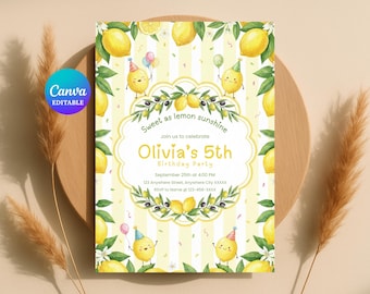 Lemon Birthday Invitation Template | Birthday Invite | Lemonade Party | Summer Citrus Theme | Editable Canva | Digital