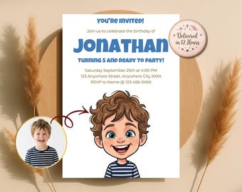 Caricature Birthday Invitation, Custom Kids Caricature from Photo, Personalized Party Invite, Digital Download