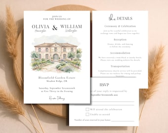 カスタム会場イラストウェディング招待状 | 写真からの水彩画家の肖像画 | パーソナライズされた招待状 | デジタル