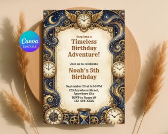 Vintage Time Travel Birthday Invitation, Celestial Clockwork Adventure Party (Digital Download)