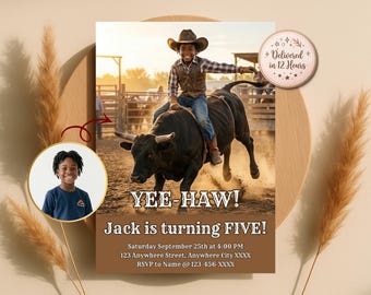 Custom Cowboy Rodeo Birthday Invitation, Bull Riding Theme, Child Photo (Digital Download)