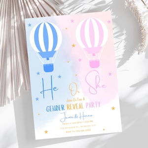 He or She Gender Reveal Invitation: Blue & Pink Balloons (Digital Download)