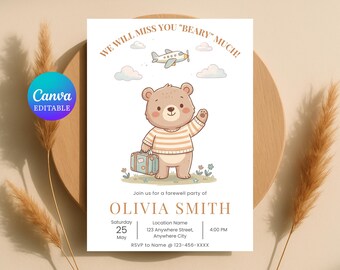 Invitación para fiesta de despedida de oso, invitación de despedida editable, te extrañaremos mucho, digital