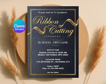 リボンカット招待状、編集可能なテンプレート、ビジネスローンチテーマのDIYパーティー招待カード、印刷可能、デジタル
