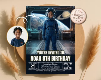 お子様を宇宙飛行士に変身させる誕生日招待状、宇宙をテーマにした招待状、カスタムテンプレート、デジタルダウンロード