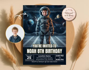 お子様を宇宙飛行士に変身させる誕生日招待状、宇宙をテーマにした招待状、カスタムテンプレート、デジタルダウンロード