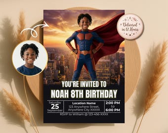 お子様をスーパーヒーローに変身させる招待状、カスタム写真入り誕生日招待状、キッズスーパーヒーローパーティー、デジタル