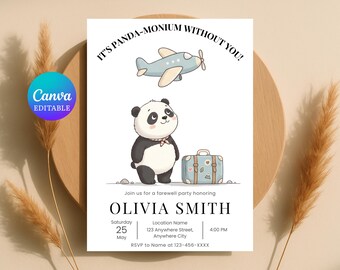 Invitación a fiesta de despedida con temática de pandas, invitación editable (descarga instantánea)