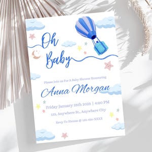 de carte d'invitation de fête prénatale sur le thème du ciel bleu | d'invitation de baby shower | Modèle d'invitation | Invitation imprimable modifiable