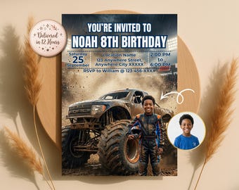 お子様をレーシングカードライバーに変身させる招待状、モンスタートラックの誕生日招待状、デジタルダウンロード