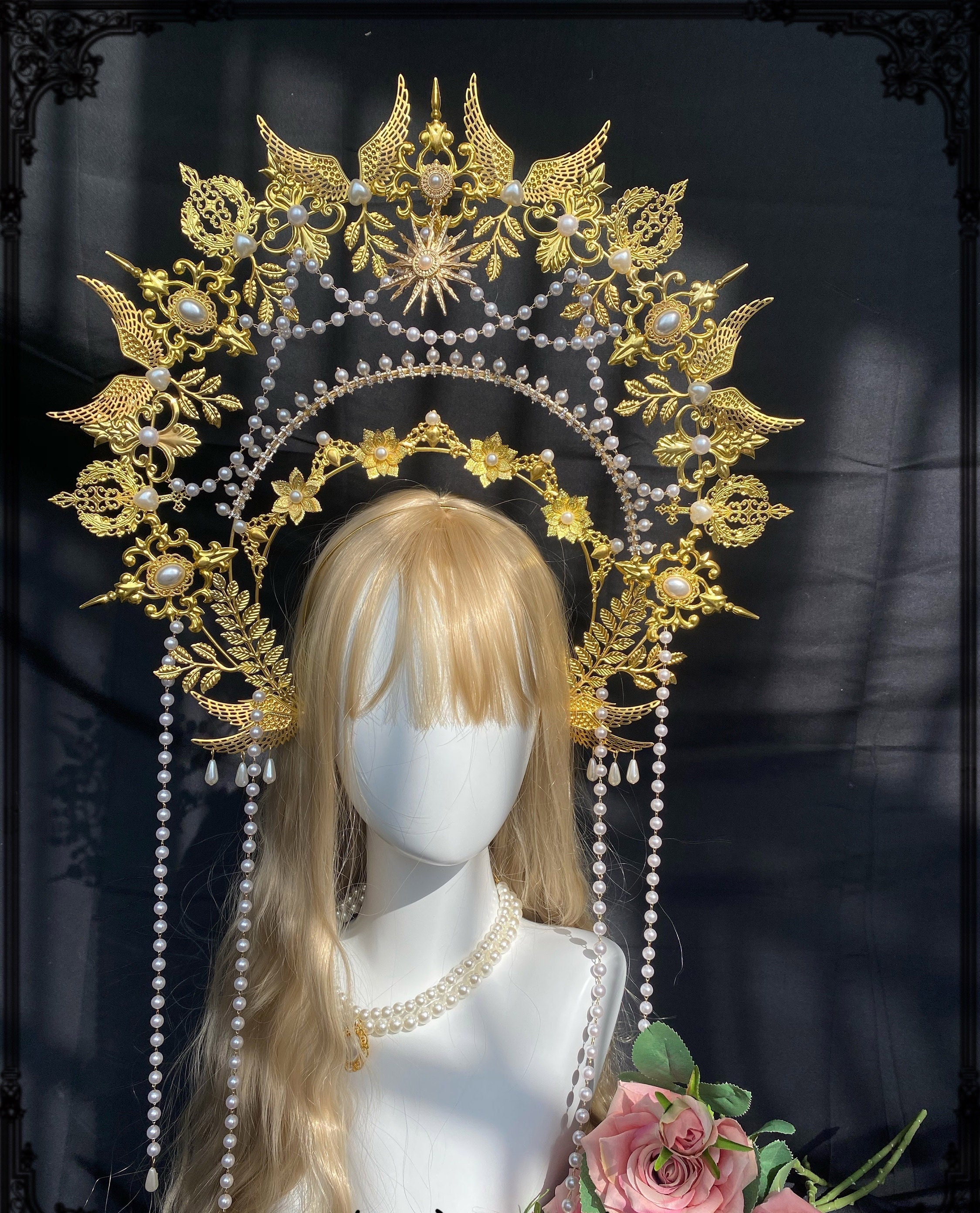 Golden Pearls Leaf Halo Crown Gold Leaf Halo Headpiece Etsy UK