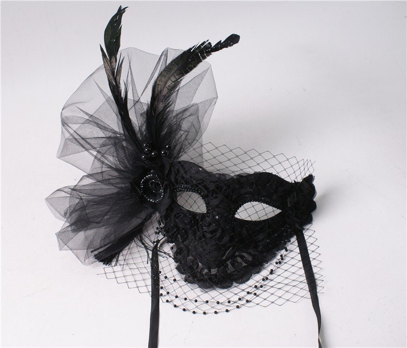 Black Lace Masquerade Mask With Black Feathers Masked Ball Women's Lace Mask  Wedding Masquerade Bridal Wedding Fall Festival Outfit 
