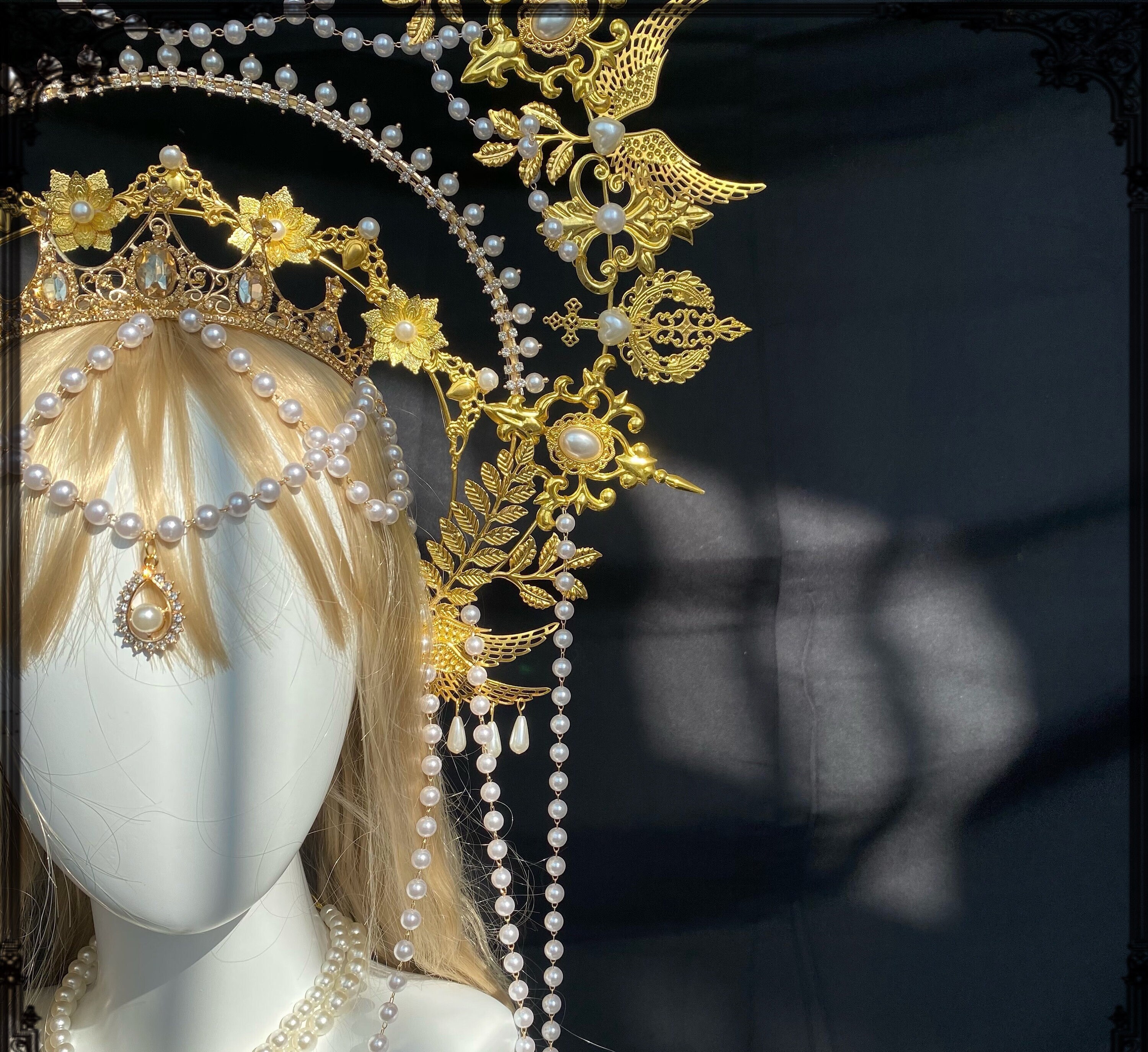 Golden Pearls Leaf Halo Crown Gold Leaf Halo Headpiece Etsy UK