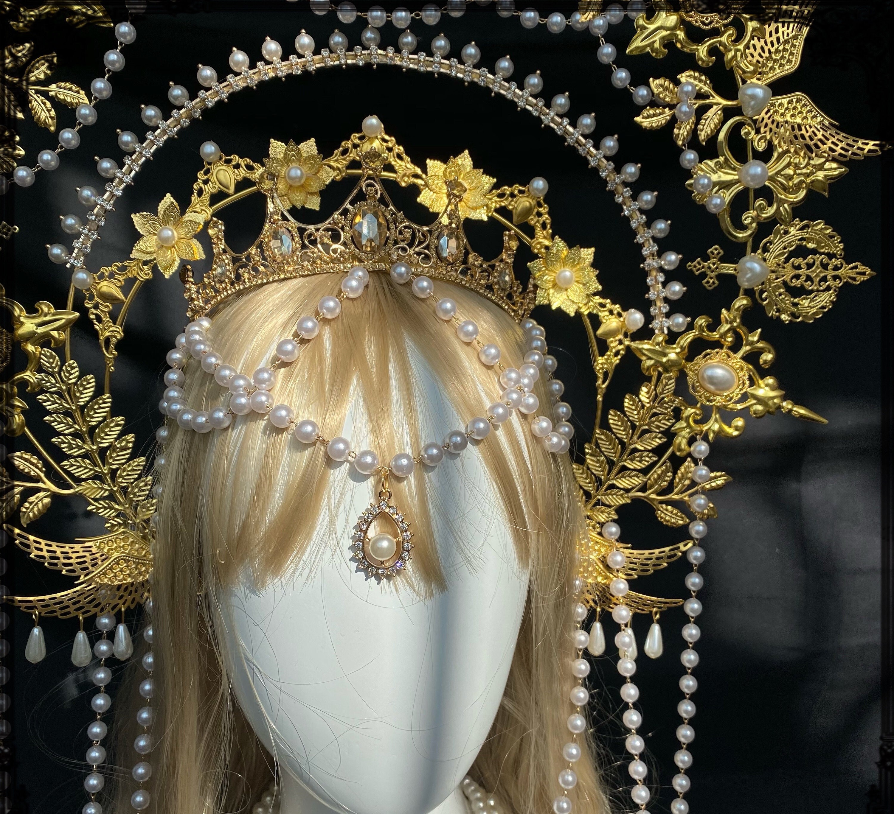 Golden Pearls Leaf Halo Crown Gold Leaf Halo Headpiece Etsy UK