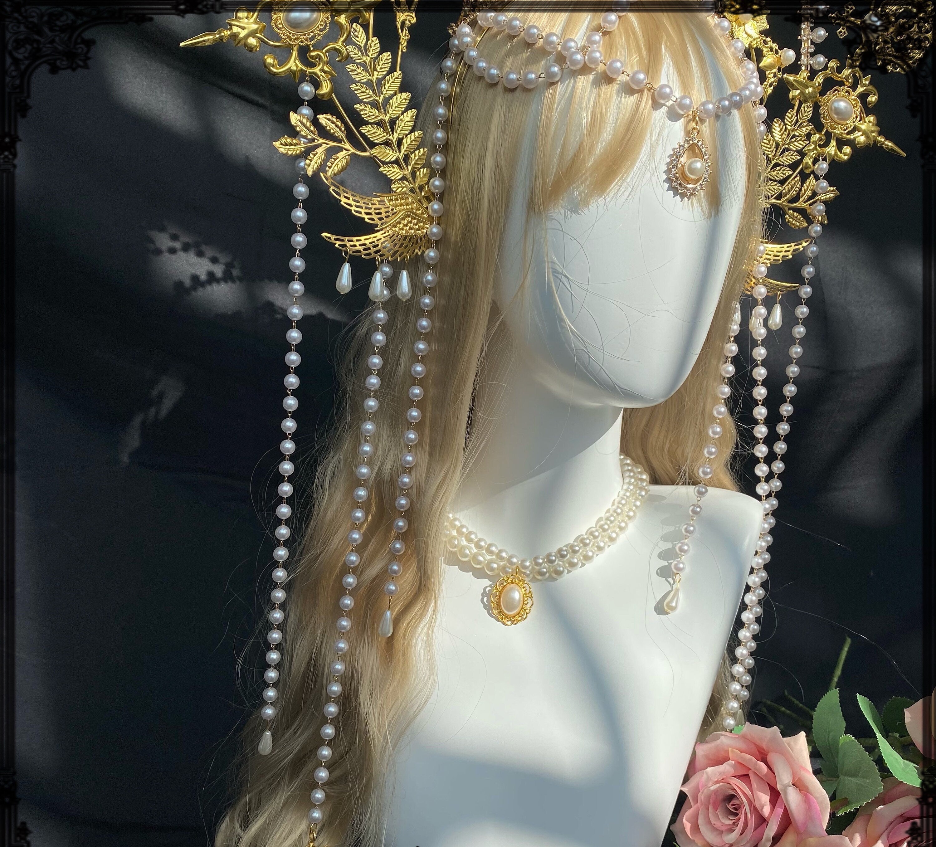 Golden Pearls Leaf Halo Crown Gold Leaf Halo Headpiece Etsy UK