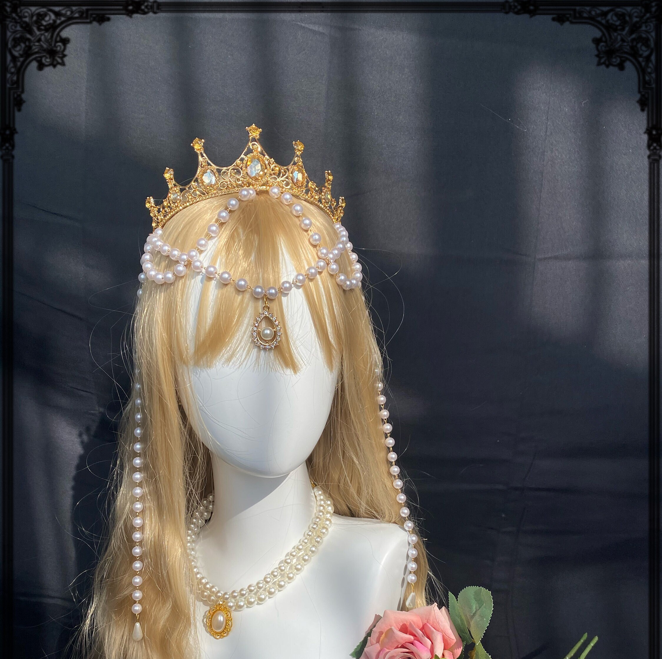 Golden Pearls Leaf Halo Crown Gold Leaf Halo Headpiece Etsy UK
