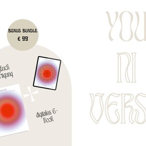 Könnte beinhalten: Ein digitales Kunstpaket mit einem roten und orangen Farbverlauf. Das Paket beinhaltet ein ringgebundenes Buch mit dem Titel "Ringbuch Anfertigung" und ein digitales E-Book mit dem Titel "digitales G-Book". Der Text "YOU NI VERSE" wird in einer dekorativen Schriftart angezeigt.