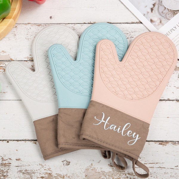 Gants de cuisson en silicone personnalisés Gants de cuisson Extra Long Résistant à la chaleur Silicone Brodé Fouraines de four avec cadeaux de pendaison de crémaillère