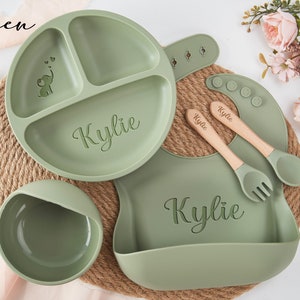 Set de sevrage personnalisé en silicone, Set de sevrage dessin animé pour tout-petits, Set de nourriture avec nom, Respectueux de l'environnement, Assiette pour bébé, Cadeau de baby shower image 1