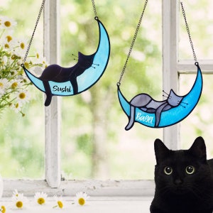 Sleeping Cat On Moon Windows Hangings Personalized,Handcrafted Acrylic Suncatchers,Cat Decoration,Cat Memorial Gifts,Gifts for Cat Lovers