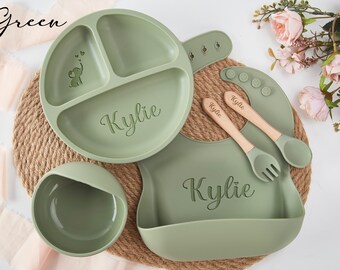 Set per lo svezzamento in silicone personalizzato,Set per lo svezzamento dei cartoni animati per bambini piccoli,Set per l'alimentazione con nome,Eco-Friendly,Piatto per neonati,Regalo per baby shower