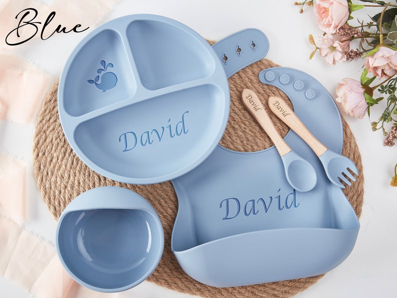 Set de sevrage personnalisé en silicone, Set de sevrage dessin animé pour tout-petits, Set de nourriture avec nom, Respectueux de l'environnement, Assiette pour bébé, Cadeau de baby shower image 3